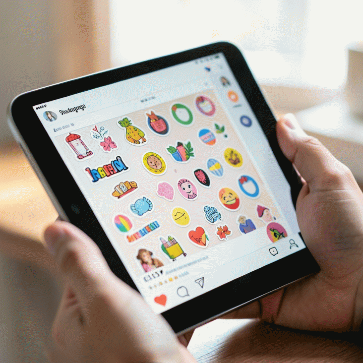 Hand placing digital stickers on an Instagram Story using a tablet to demonstrate easy design.