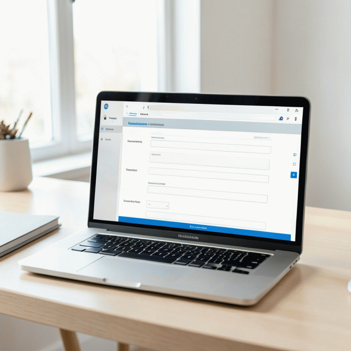 Tampilan laptop yang menunjukkan formulir pendaftaran digital yang sangat bersih dan mudah digunakan, melambangkan pengalaman pengguna (UX) yang optimal dan konversi tinggi.