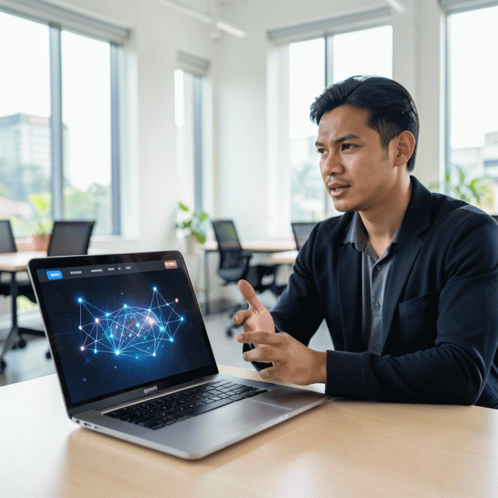 Seorang profesional pemasaran sedang meninjau landing page konversi tinggi di laptop di co-working space modern, menunjukkan kombinasi antara teknologi AI dan prinsip psikologi.