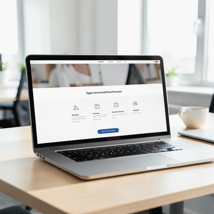 Tampilan layar laptop yang menampilkan desain landing page produk digital yang profesional dan terstruktur, menunjukkan elemen-elemen konversi tinggi.