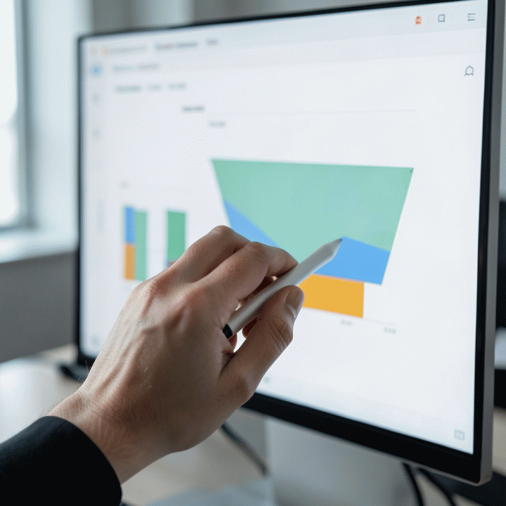 Tangan berinteraksi dengan dashboard digital yang abstrak, menunjukkan proses optimalisasi landing page.