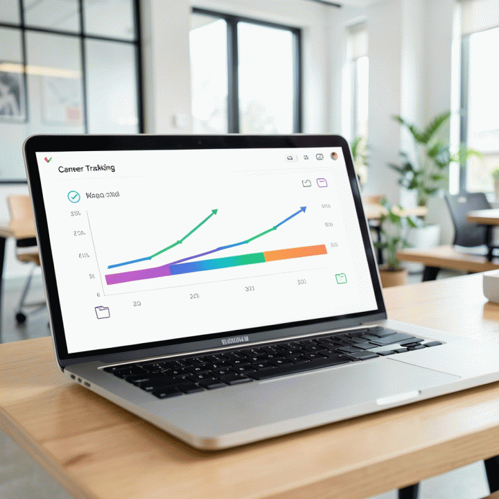Visualisasi dashboard digital yang menunjukkan pelacakan lamaran kerja dan progres karir yang terorganisir.