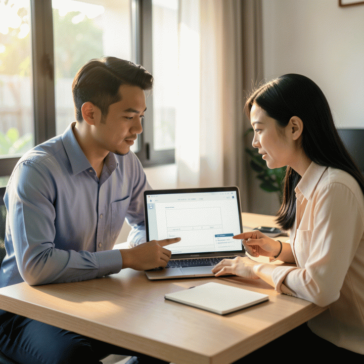 Dua profesional muda Indonesia yang berdiskusi di meja kerja modern, fokus pada laptop yang menampilkan dokumen profesional, melambangkan penulisan email lamaran kerja yang efektif.