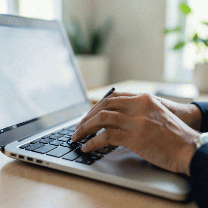 Tangan profesional yang sedang mengetik email lamaran kerja di laptop, menunjukkan fokus dan ketelitian.