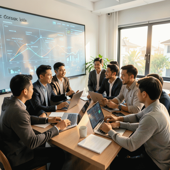 Sekelompok pendiri startup Indonesia yang bersemangat dan profesional sedang berkolaborasi dalam sesi brainstorming teknologi di ruang kerja modern, menunjukkan kolaborasi dan pertumbuhan bisnis.