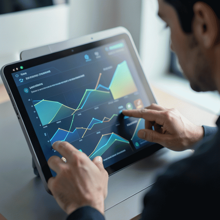 Pengguna berinteraksi dengan dasbor AI futuristik yang menampilkan visualisasi data abstrak untuk mengevaluasi ide bisnis.