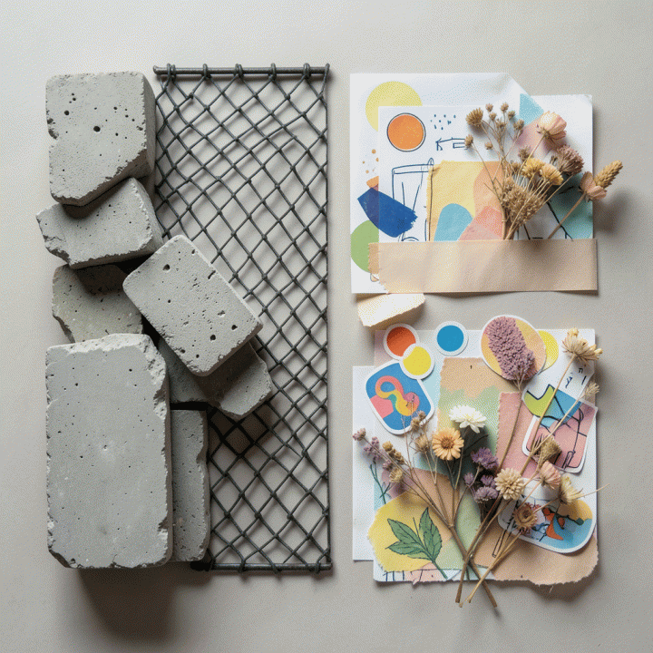Tata letak flat lay yang membandingkan bahan mentah industrial (brutalist) dengan elemen dekorasi alami dan warna cerah (handmade), menunjukkan kontras estetika desain.