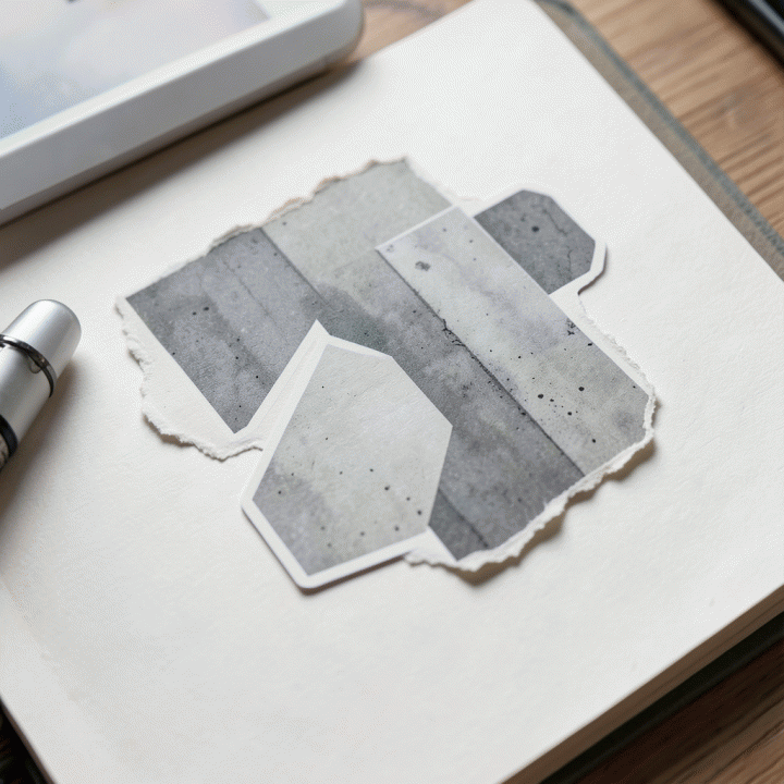 Detail close-up stiker digital yang diaplikasikan pada halaman jurnal, menggabungkan estetika kertas robek dan bentuk geometris beton.