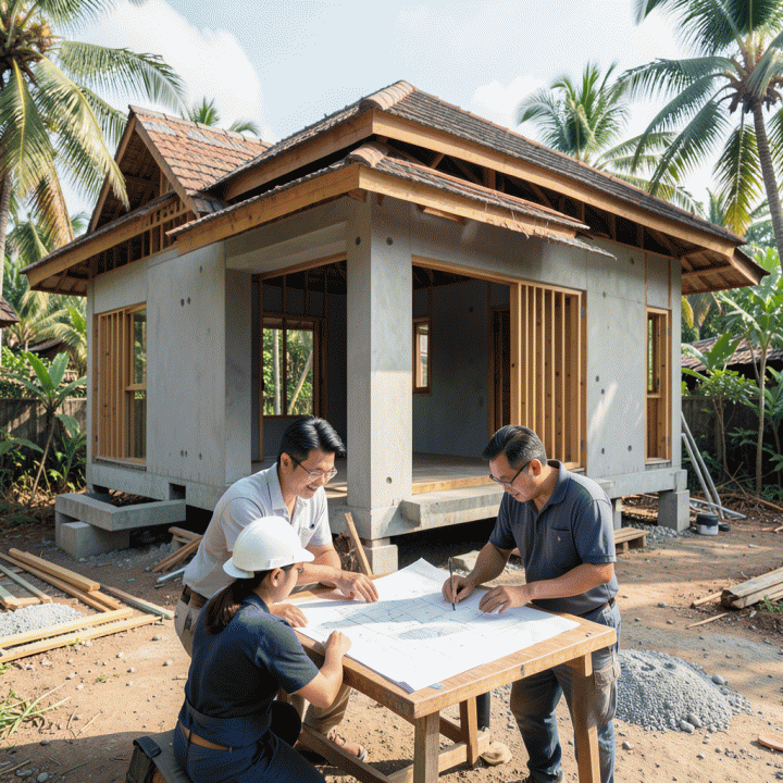 Pemandangan realistis rumah 2 kamar modern yang sedang dibangun di Indonesia, dengan arsitek dan kontraktor sedang meninjau rencana desain dan estimasi biaya di lokasi proyek.
