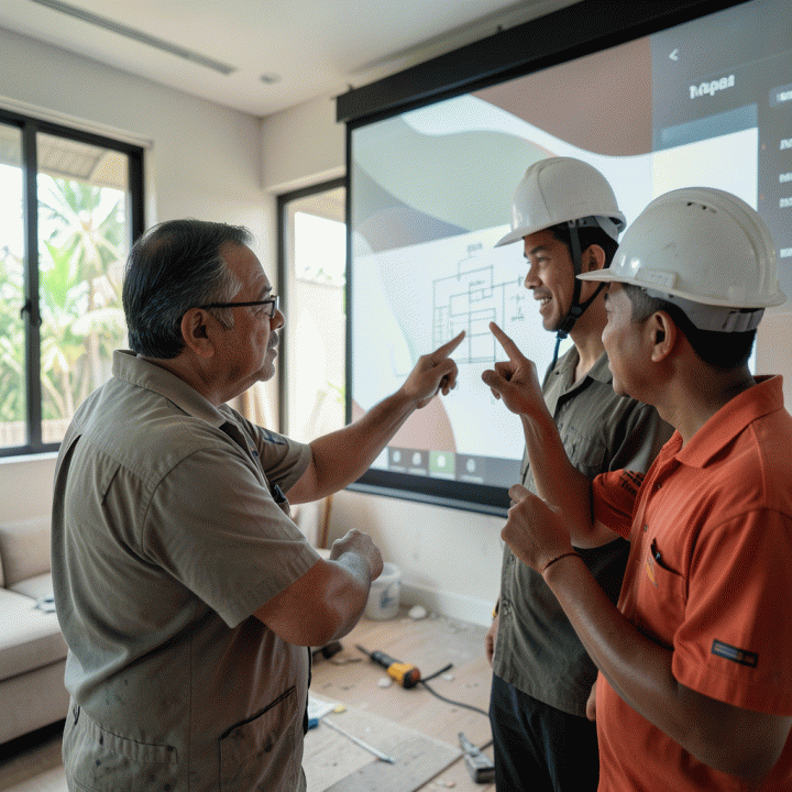 Kontraktor dan pemilik proyek sedang berdiskusi di lokasi pembangunan rumah, meninjau progres konstruksi dan memastikan biaya tetap dalam kendali.