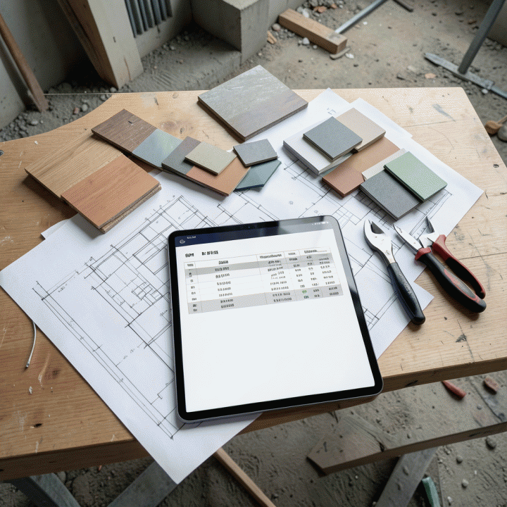 Meja kerja di lokasi proyek yang menampilkan cetak biru arsitektur, sampel material, dan tablet yang menunjukkan simulasi pelacakan biaya proyek yang terorganisir.