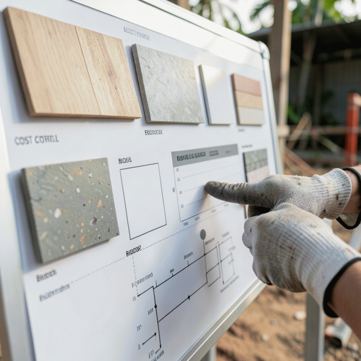 Papan perencanaan konstruksi dengan contoh material dan diagram alur kontrol biaya yang rapi.