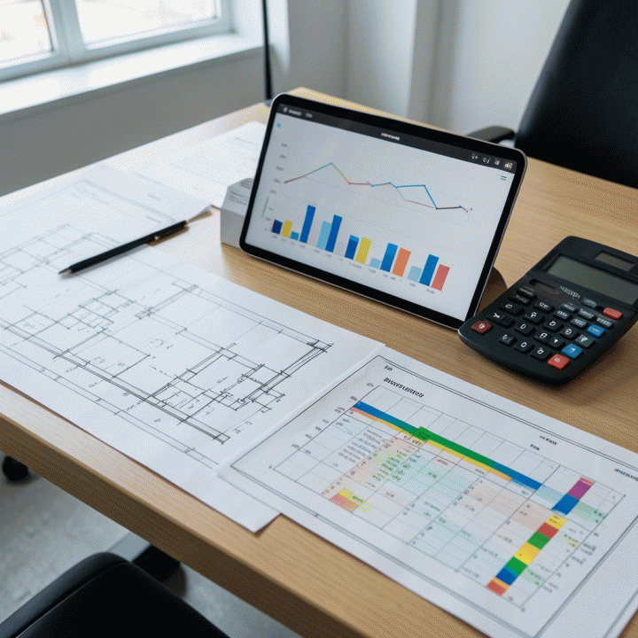 Meja kantor proyek konstruksi yang rapi dengan blueprint, tablet yang menampilkan grafik progres proyek, dan kalkulator, melambangkan perencanaan dan kontrol biaya yang akurat.