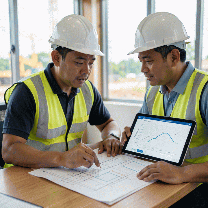 Manajer proyek sedang membandingkan cetak biru konstruksi fisik dengan data grafik biaya di tablet, menunjukkan proses estimasi dan kontrol biaya.