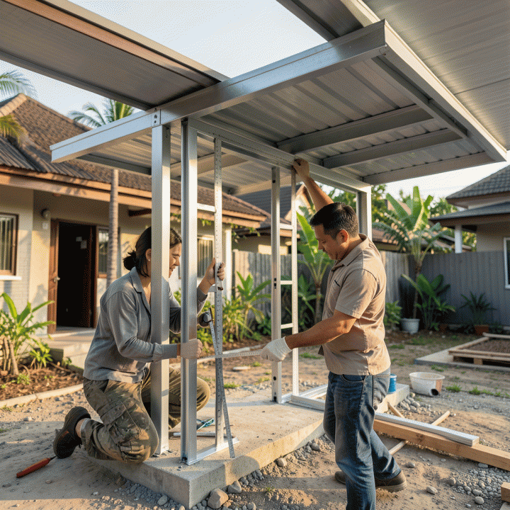 Seorang manajer proyek sedang merencanakan dan mengukur struktur rangka kanopi carport modern di lokasi perumahan Indonesia, menunjukkan proses perencanaan biaya dan konstruksi yang akurat.