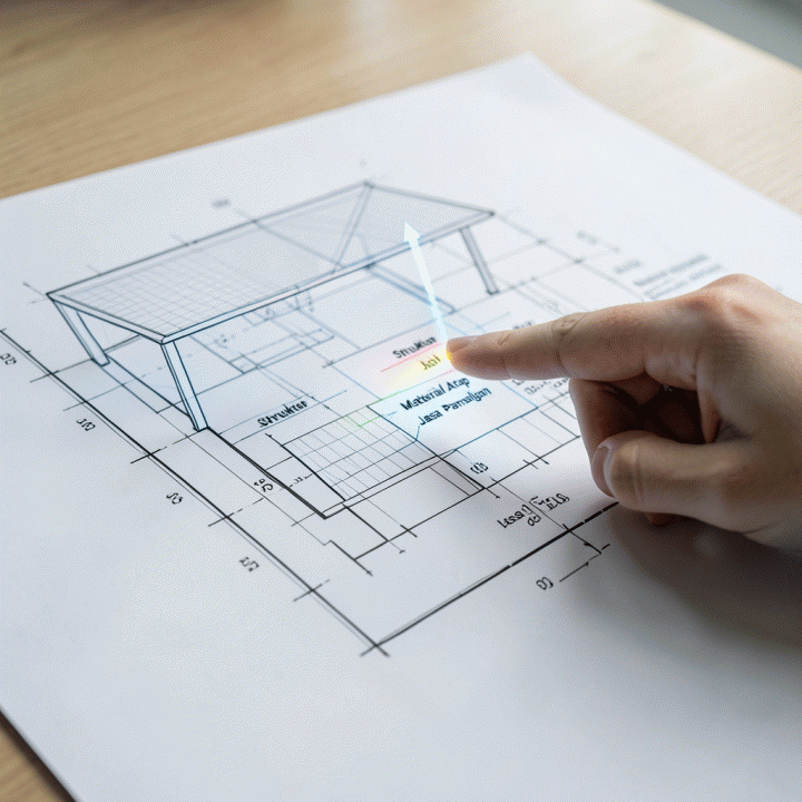 Visualisasi perencanaan biaya kanopi carport yang akurat menggunakan blueprint atau aplikasi estimasi, menunjukkan rincian perhitungan anggaran proyek.