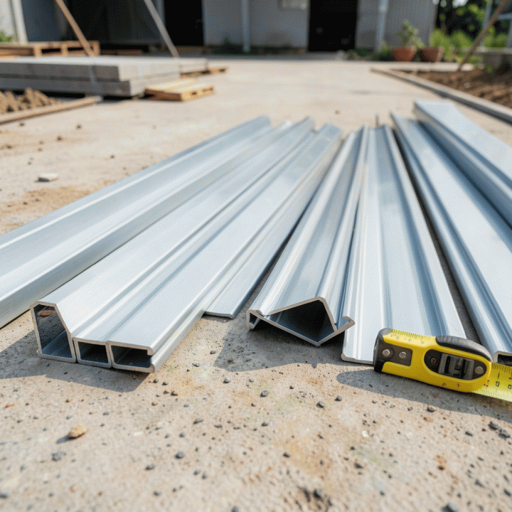 Berbagai material konstruksi kanopi carport (baja, aluminium, atap) yang tertata rapi di lokasi proyek, menekankan pada detail material untuk perhitungan biaya.