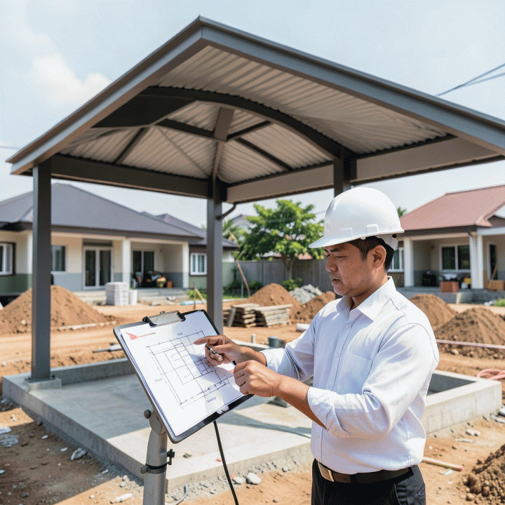 Kanopi carport modern yang baru terpasang dengan latar belakang lokasi proyek konstruksi rumah di Indonesia. Seorang kontraktor profesional sedang memegang papan klip dan melihat rencana blueprint arsitektur, menunjukkan proses perhitungan anggaran yang akurat.