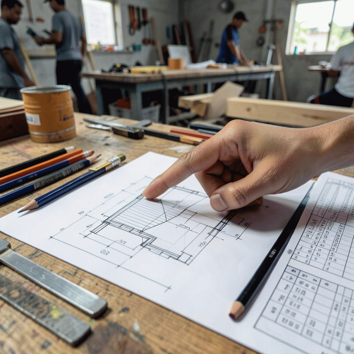 Close-up tangan menunjuk ke gambar blueprint desain kanopi carport di lokasi proyek, menekankan pentingnya perencanaan dan pengukuran akurat sebelum memulai konstruksi.