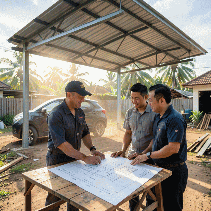 Kontraktor dan pemilik proyek sedang berdiskusi di lokasi pembangunan carport, meninjau rencana anggaran dan desain kanopi di tengah suasana konstruksi tropis.