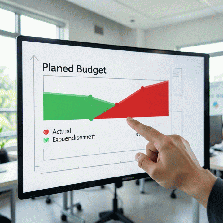 Visualisasi perbandingan antara anggaran rencana dan biaya aktual pada sebuah dashboard proyek, menunjukkan kontrol biaya yang efektif.