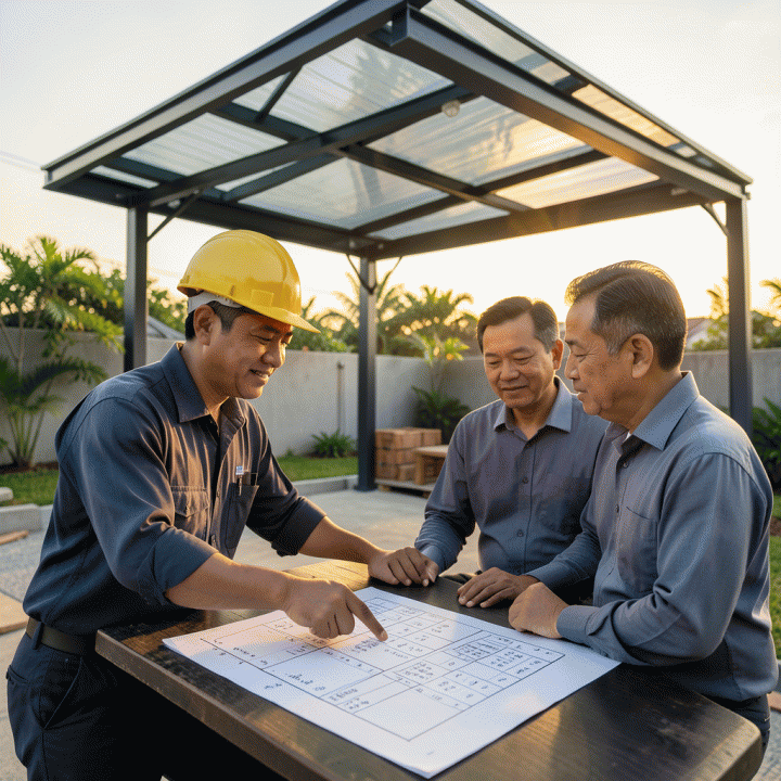 Pemandangan photorealistik carport modern dengan kanopi baru, seorang tukang bangunan profesional menunjukkan rincian biaya proyek yang terperinci kepada pemilik rumah, menekankan transparansi anggaran.
