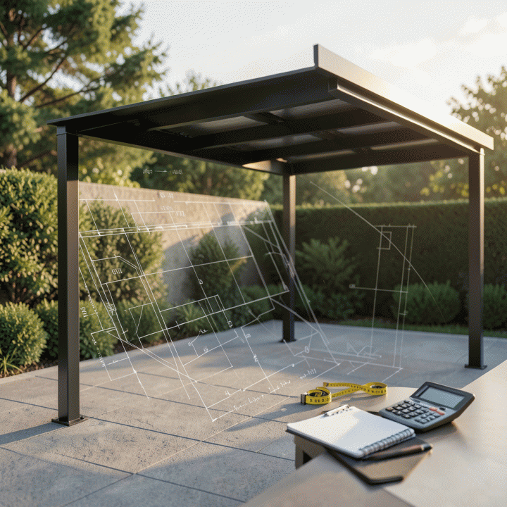 Visualisasi perhitungan anggaran proyek kanopi carport yang modern dan terstruktur, menampilkan material bangunan dan alat ukur di latar belakang.
