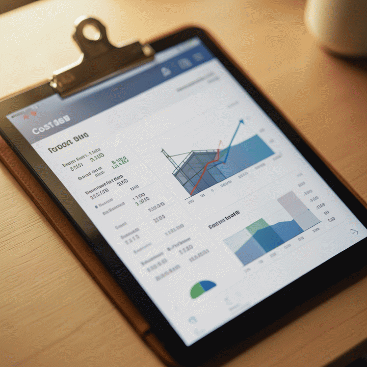 Visualisasi perencanaan dan estimasi biaya proyek konstruksi yang terorganisir menggunakan tablet atau papan klip tanpa teks spesifik.