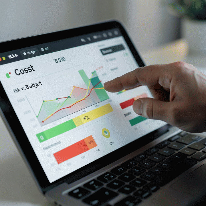 Tampilan dashboard digital proyek yang abstrak dan kompleks, menunjukkan perbandingan biaya aktual versus anggaran, progres, dan indikator risiko, menekankan pemantauan biaya real-time.