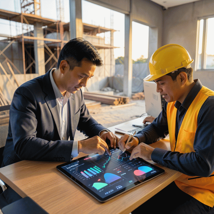 Seorang manajer proyek dan kontraktor sedang berdiskusi serius sambil meninjau grafik dan data keuangan kompleks di tablet di lokasi konstruksi modern, melambangkan estimasi biaya proyek yang akurat.