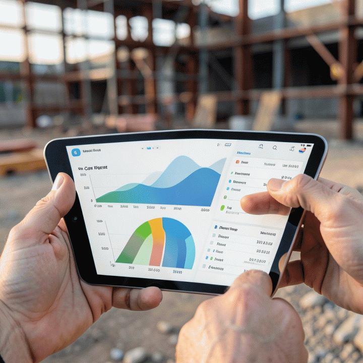 Tangan seorang manajer proyek menggunakan tablet di lokasi konstruksi untuk memonitor progres dan data biaya secara real-time.