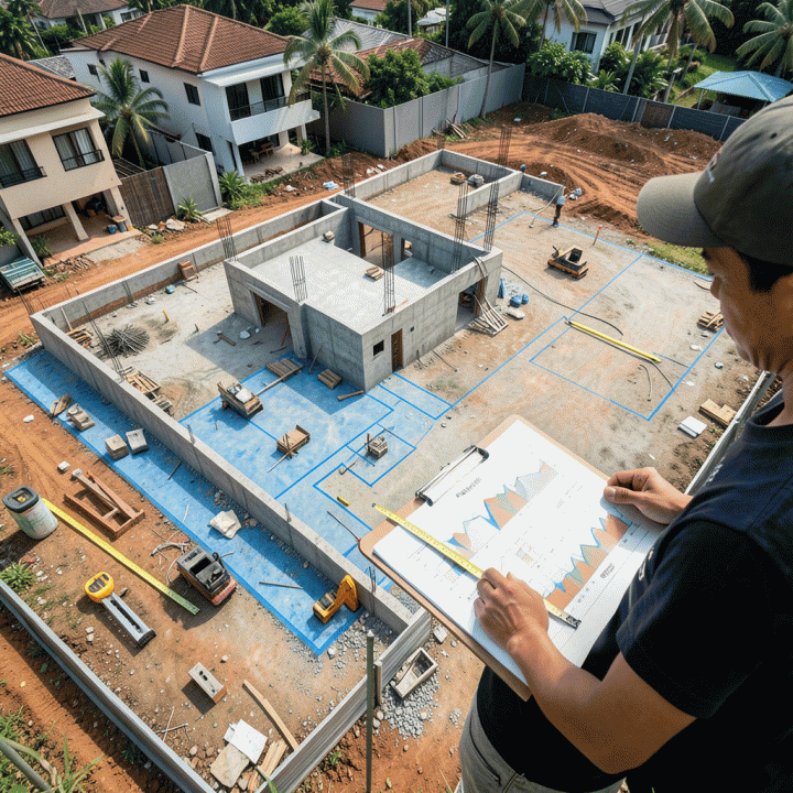 Pandangan atas (overhead) lokasi proyek konstruksi yang menunjukkan progres pekerjaan yang sedang dipantau dan dikontrol secara sistematis.