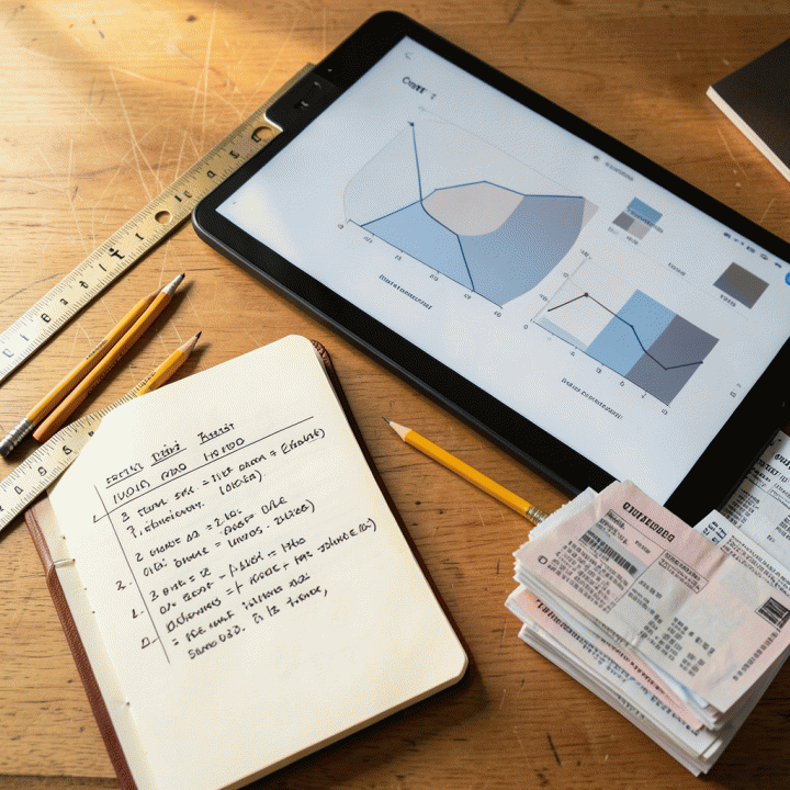 Tampilan atas meja kerja berisi alat-alat perencanaan proyek, blueprint, catatan perhitungan biaya, dan perangkat digital yang menunjukkan visualisasi data anggaran.