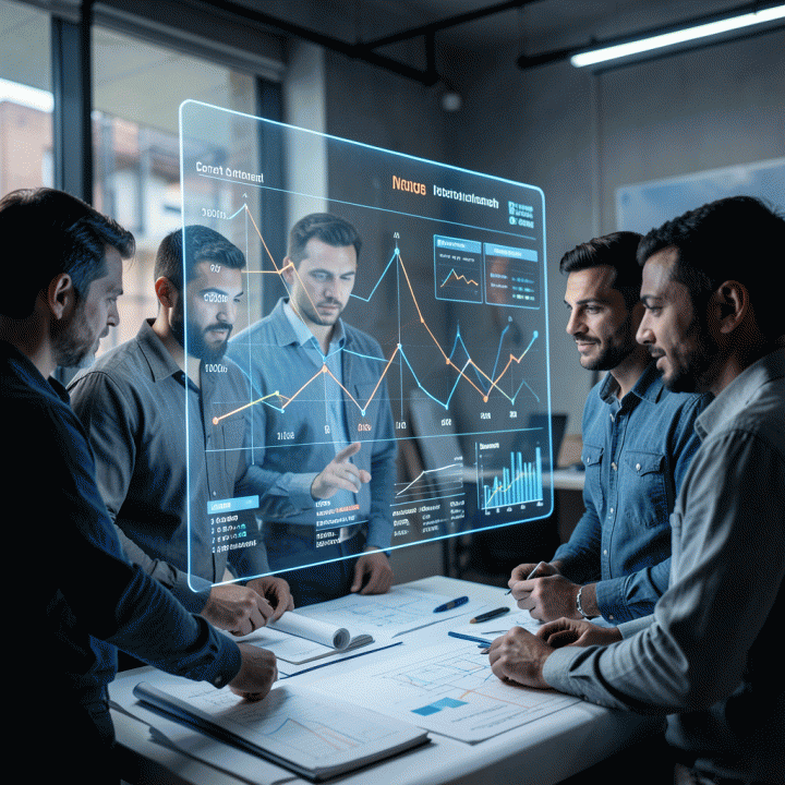 Tim profesional konstruksi menganalisis proyek secara real-time menggunakan visualisasi data dan kontrol biaya holografik.