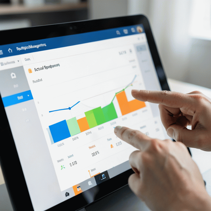 Dashboard digital real-time yang menunjukkan perbandingan anggaran versus pengeluaran proyek.