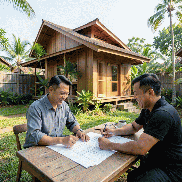 Arsitektur rumah sederhana modern di lahan terbatas, dengan pemilik proyek dan kontraktor sedang meninjau rencana anggaran dan desain blueprint yang akurat.