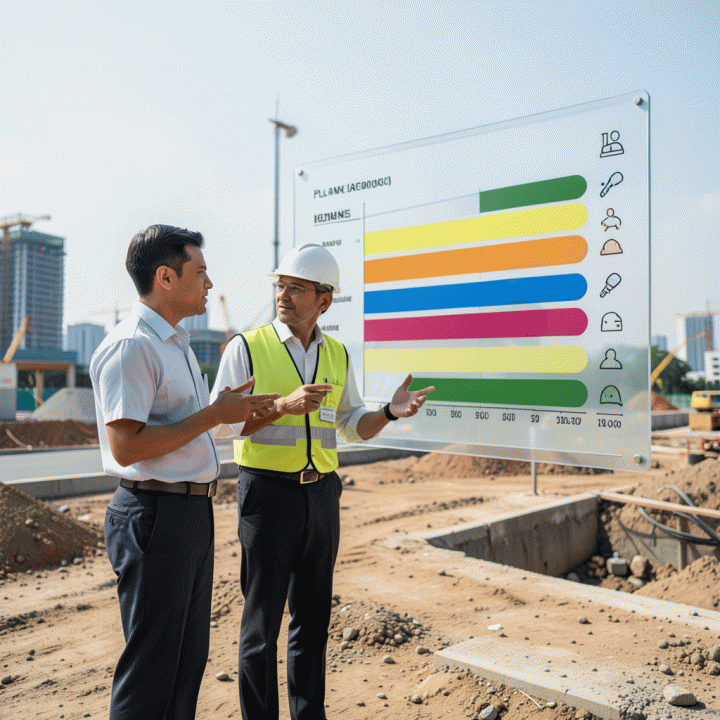 Pemilik proyek dan manajer sedang memantau progress dan anggaran proyek konstruksi menggunakan visualisasi data di lokasi pembangunan.