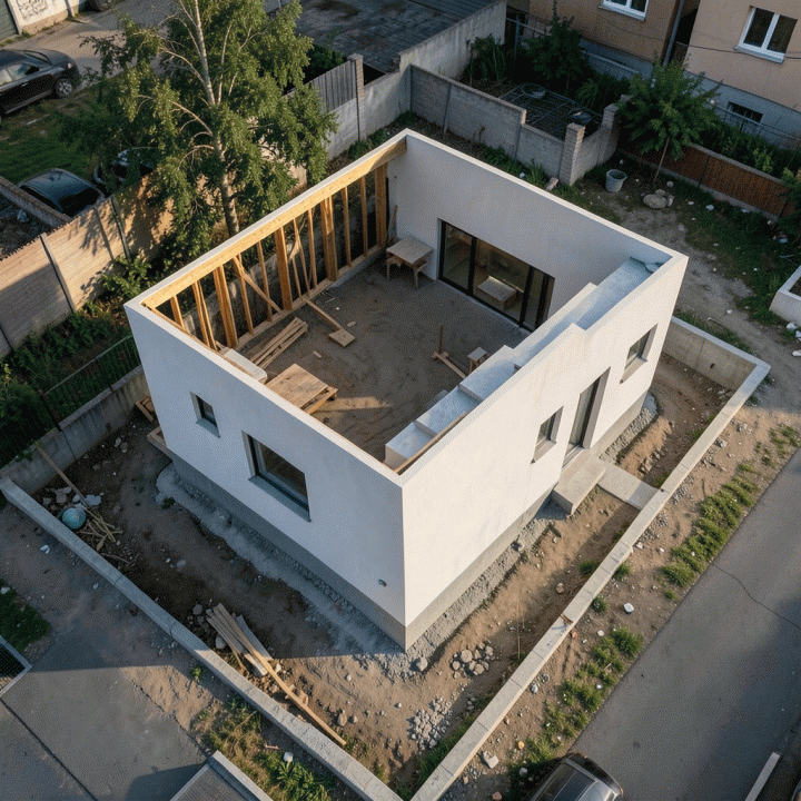 Tampilan atas konstruksi rumah sederhana yang efisien di lahan sempit, menunjukkan perencanaan arsitektur yang rapi.
