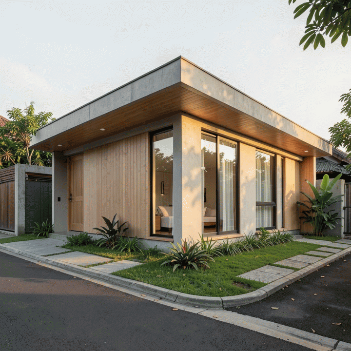 Tampilan arsitektur rumah modern minimalis satu lantai di lahan terbatas di Indonesia, menunjukkan desain yang efisien dan estetik.