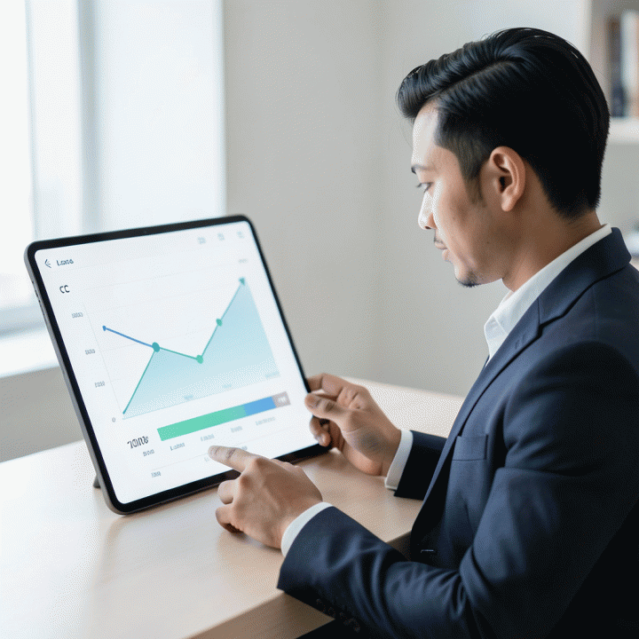 Seorang profesional muda Indonesia melihat dashboard keuangan digital yang menunjukkan penurunan utang secara terukur, melambangkan rencana keuangan yang terstruktur dan menuju kebebasan finansial.