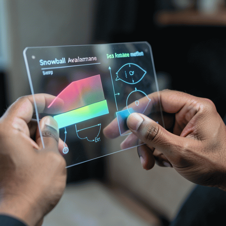 Tangan yang berinteraksi dengan antarmuka holografik yang membandingkan dua strategi pelunasan utang secara visual.