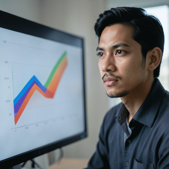 Seorang profesional muda Indonesia melihat grafik penurunan utang yang menunjukkan progres finansial yang positif dan terukur.