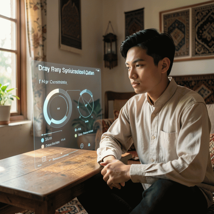 Seorang pemuda Muslim Indonesia sedang menatap antarmuka pelacak kebiasaan ibadah digital yang menunjukkan kemajuan spiritual yang terstruktur, menciptakan suasana reflektif dan fokus.
