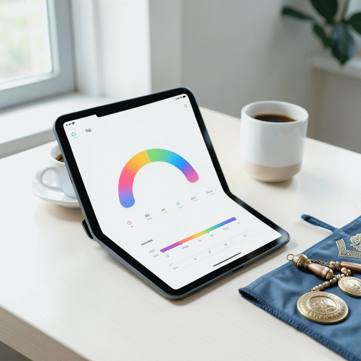 Pengaturan meja kerja yang minimalis dan modern dengan tablet berisi visualisasi progress ibadah, menunjukkan konsistensi spiritual di tengah rutinitas harian yang sibuk.