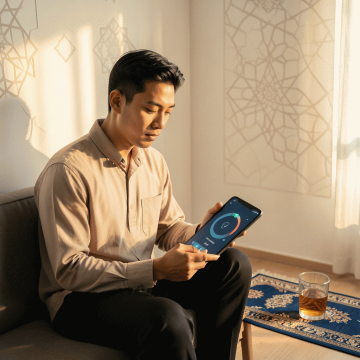 Seorang pemuda Muslim Indonesia yang fokus menggunakan tablet digital pelacak kebiasaan spiritual di sudut ruangan yang tenang, melambangkan pengukuran konsistensi ibadah.