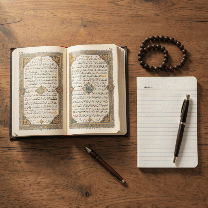 Tata letak benda-benda esensial (Al-Quran, tasbih, buku catatan) yang tertata rapi di atas meja kayu, melambangkan persiapan dan kerapian ibadah.