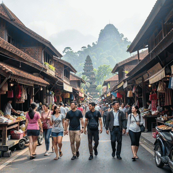 Kehidupan jalanan tradisional yang ramai dan otentik di pasar atau kota bersejarah di Indonesia, menampilkan interaksi budaya.