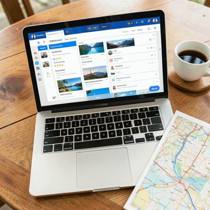 Tampilan digital planner perjalanan yang rapi dan terorganisir di atas meja kayu, menunjukkan persiapan liburan yang matang.