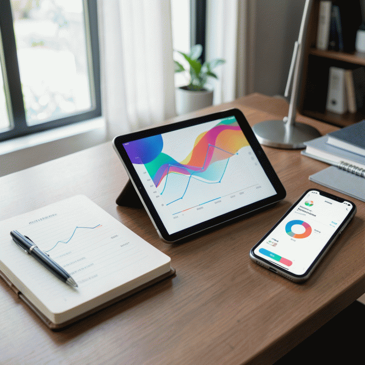 Tampilan meja kerja modern dengan perangkat digital dan buku catatan yang menampilkan visualisasi data keuangan yang terstruktur, melambangkan perencanaan dan pelacakan pengeluaran yang rapi.