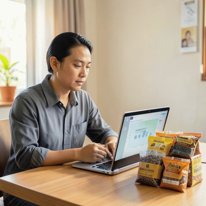 Pemilik UMKM Indonesia yang sukses menghitung laporan keuangan di meja kerjanya, menunjukkan penentuan harga jual produk yang optimal dan aman.